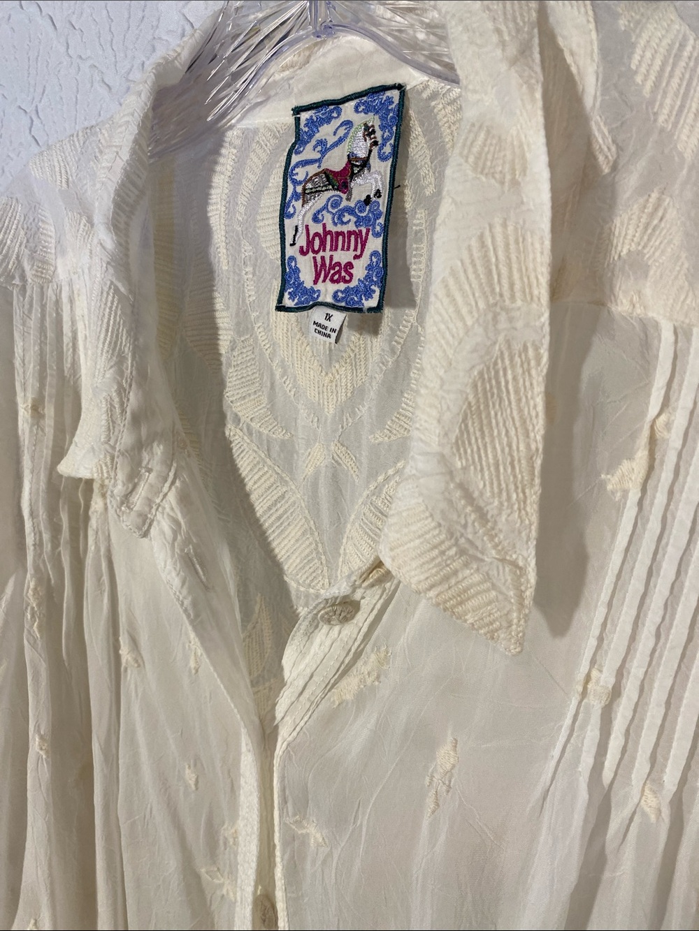 Johnny Was Cream Lace-Trim Long-Sleeve Button-Down Shirt size 1 X - Picture 4 of 10